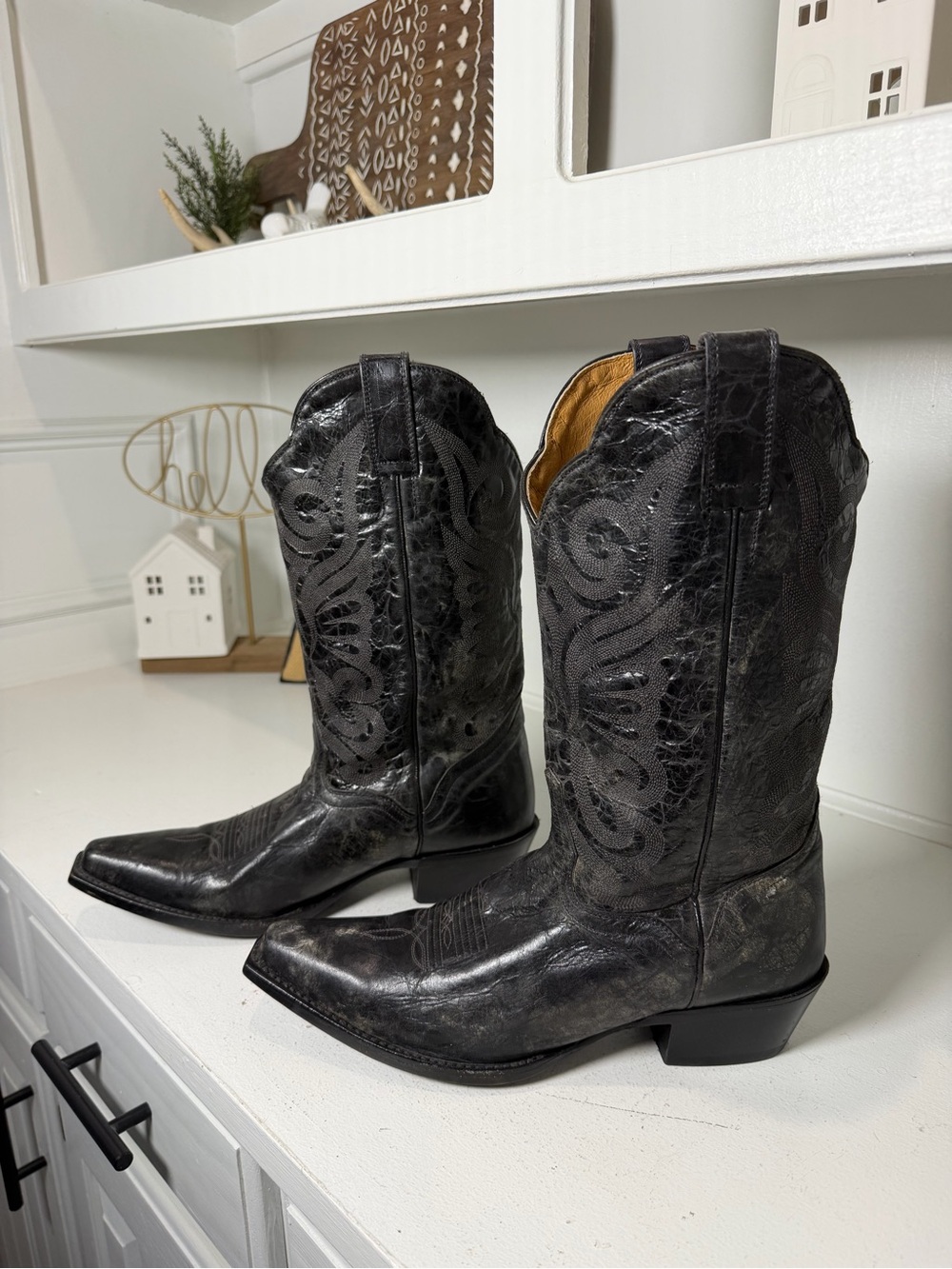 J.B. Dillon Women’s 10B Black Leather Cutout Cowboy Western Boots Embossed